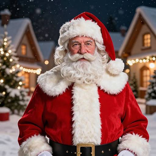 Traditional Santa Claus in Snowy Christmas Village Setting