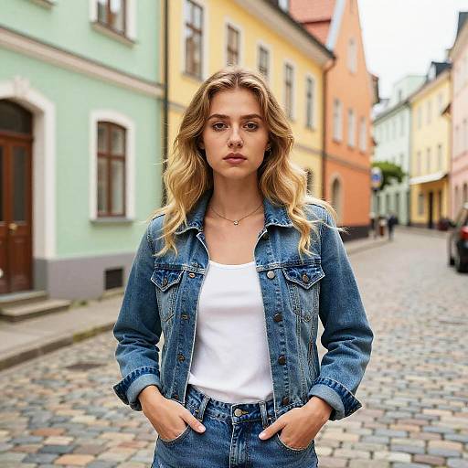 Trendy Young Woman Wearing Denim Jacket and Jeans on Colorful Urban Street