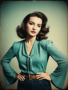 Vintage Style Woman in Teal Blouse with Bell Sleeves and Retro Hairstyle