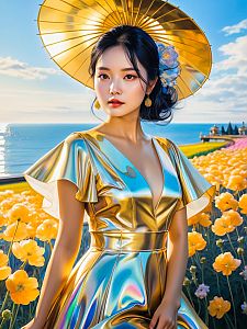 Woman in Holographic Gold Dress in Yellow Flower Field by Sea