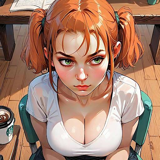 Anime Style Portrait of Red-Haired Woman with Green Eyes Sitting Indoors