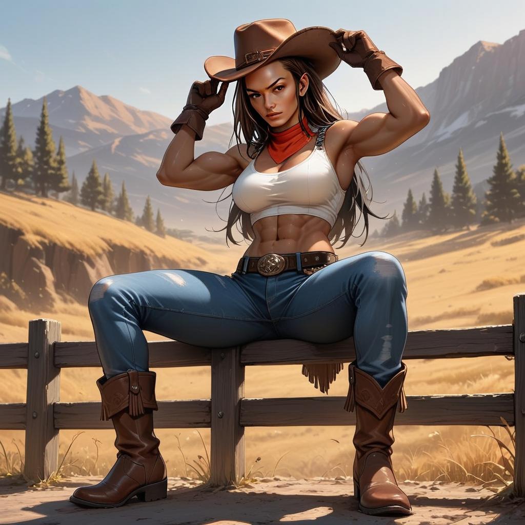 Strong Woman Cowboy Digital Illustration in Mountainous Western Landscape