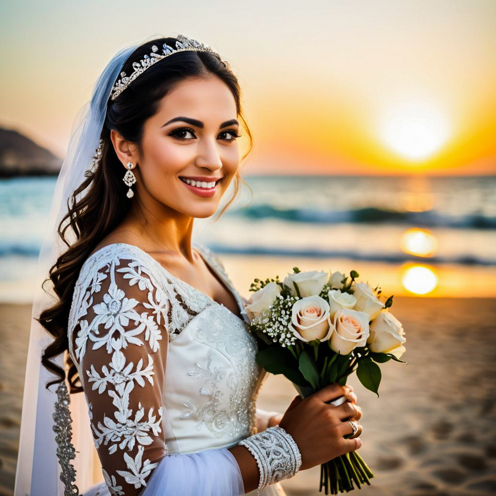 Radiant Bride on Beach at Sunset