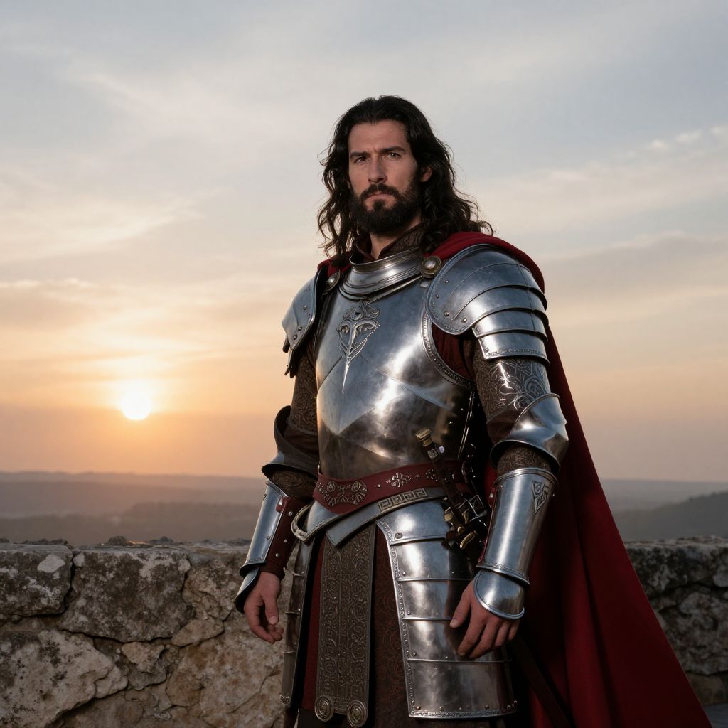 Medieval Knight in Silver Armor with Red Cape at Sunset
