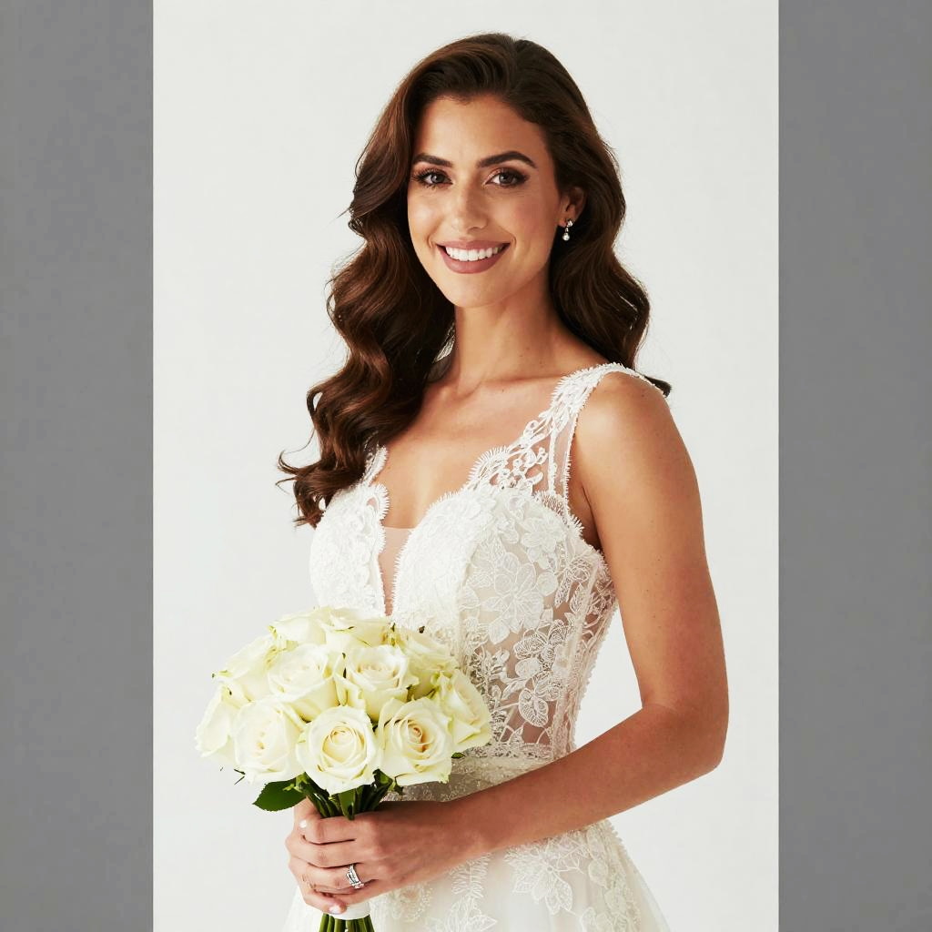 Elegant Bride in Lace Wedding Dress Holding White Rose Bouquet