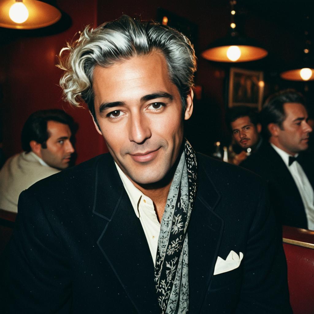 Stylish Man with Silver Hair in Vintage Bar Lounge Setting