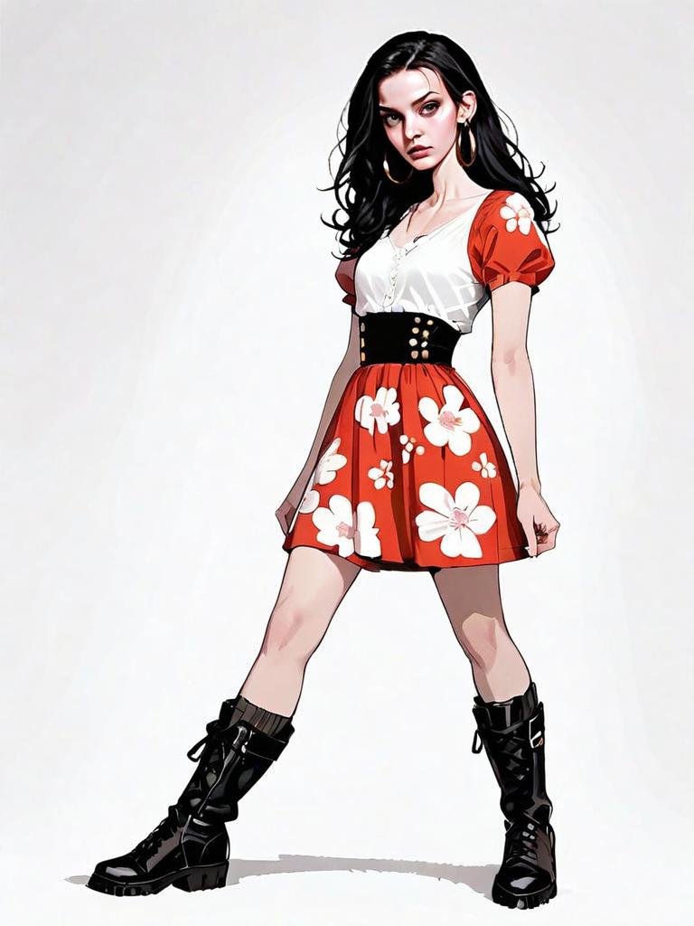 Stylish Woman Full Body Comic Art Illustration in Red Floral Skirt