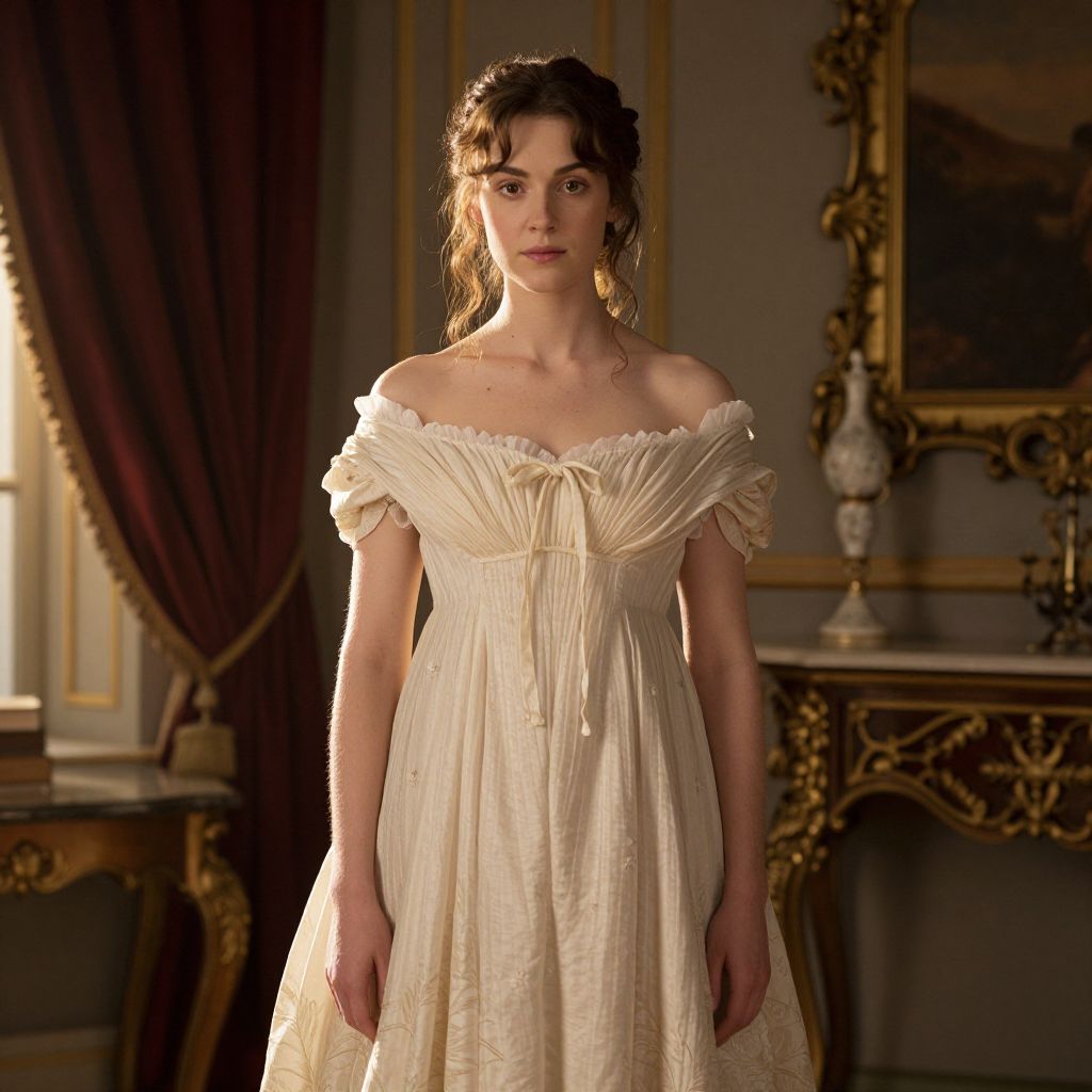 Young Woman in Regency Era Off-Shoulder Cream Dress in Elegant Classic Interior
