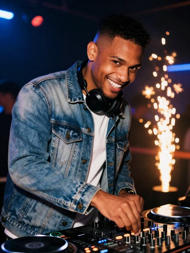 Young Man DJing at Lively Party with Sparkler Effects