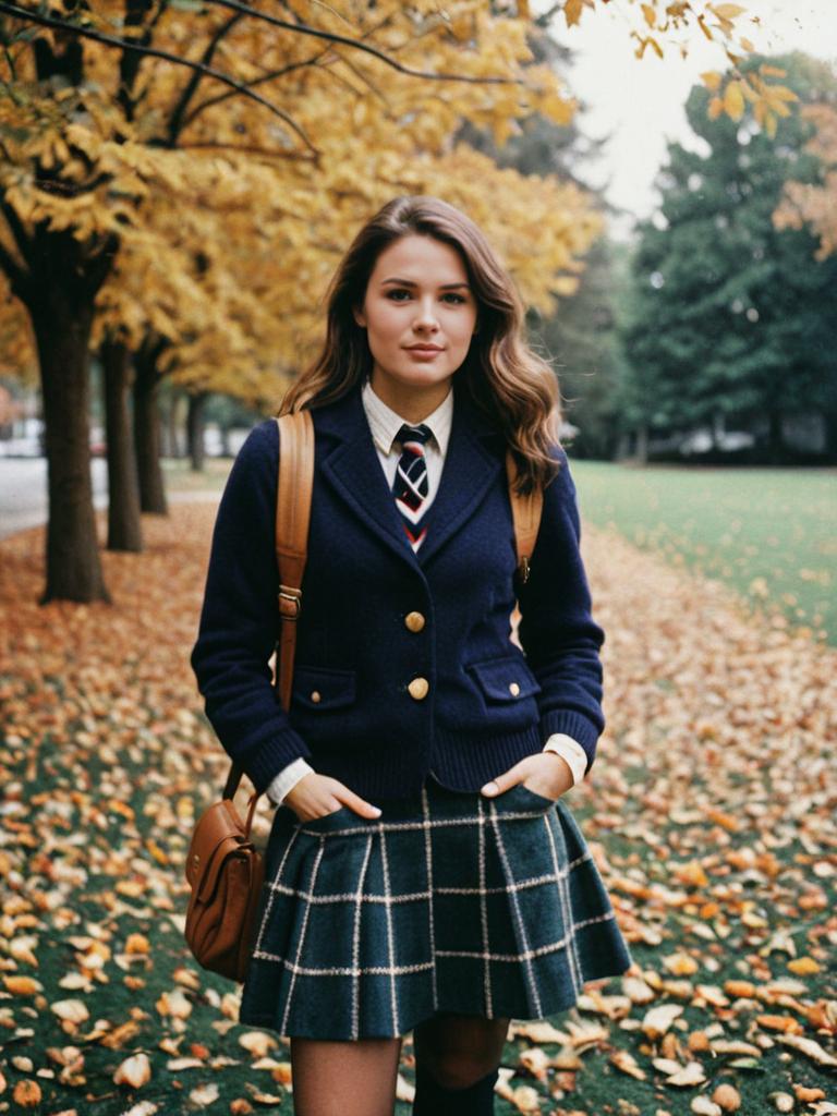 Woman in Preppy Fall Outfit on Leaf-Covered Path with Cinematic Realism Woman in Preppy Fall Outfit on Leaf-Covered Path with Cinematic Realism