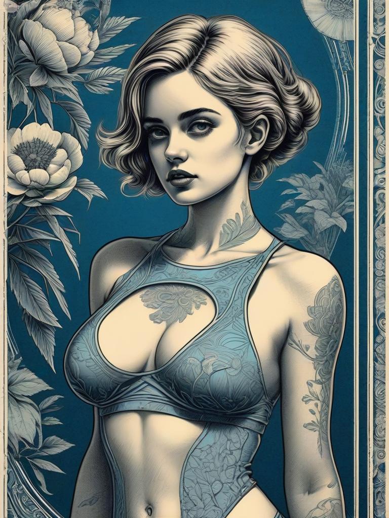 Woman with Tattoos on Floral Blue Background