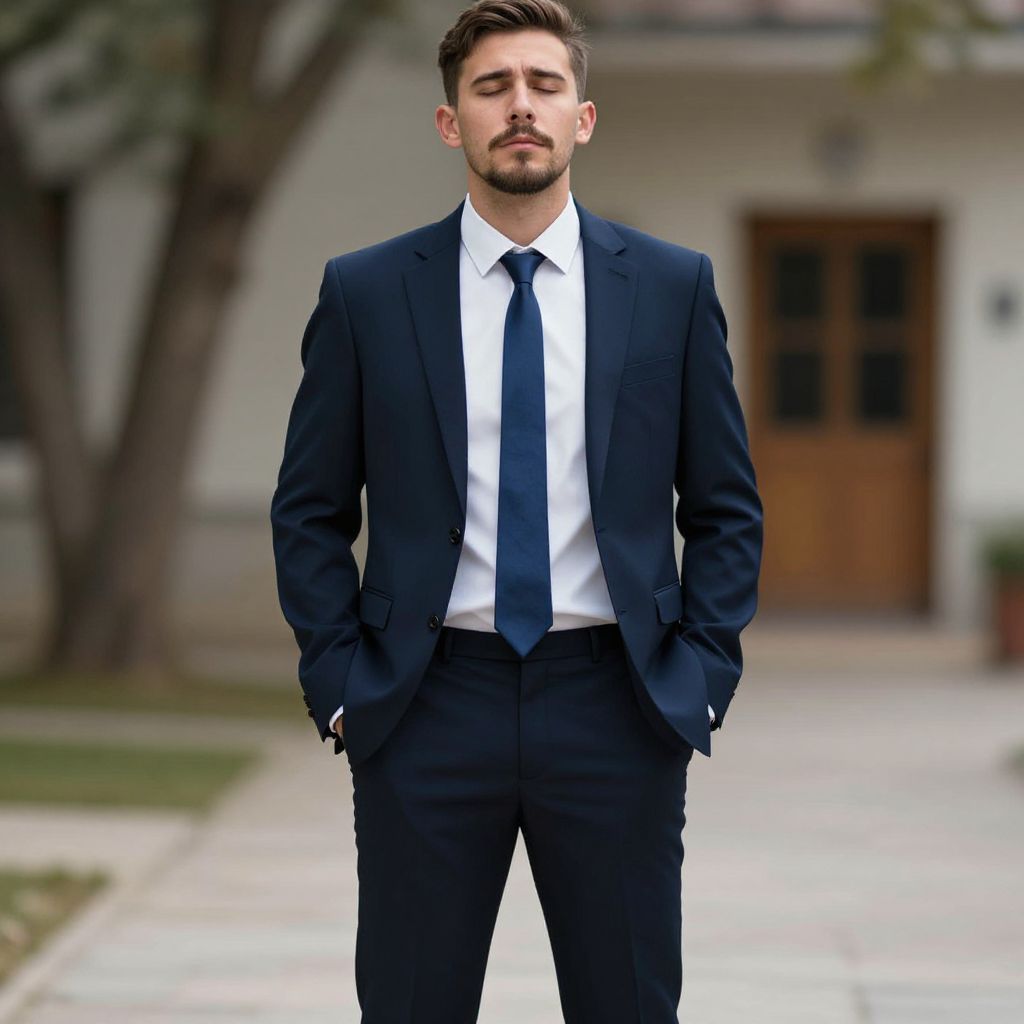 Confident Young Man in Navy Blue Suit Standing Outdoors