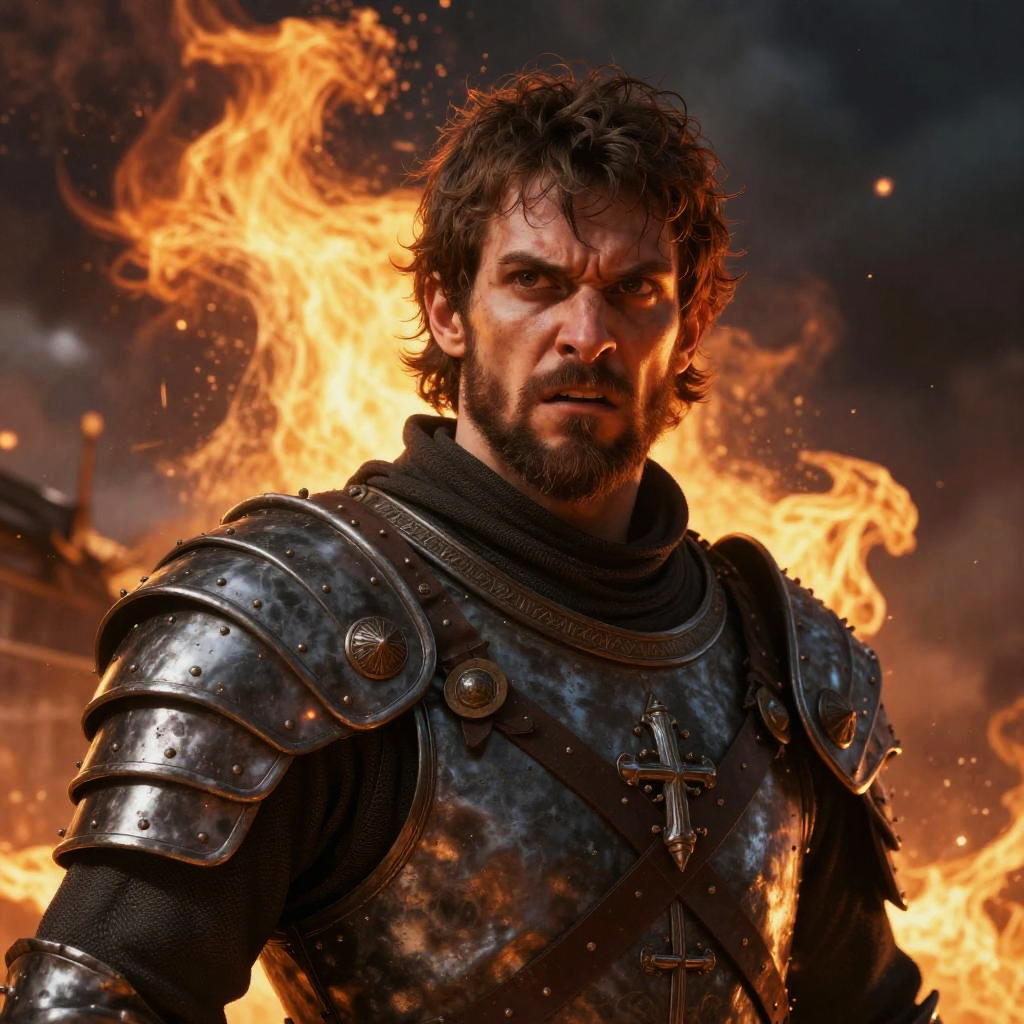 Medieval Knight in Armor with Fiery Background