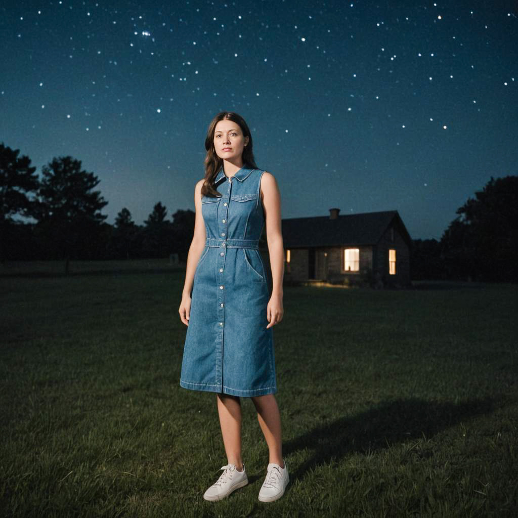 Confident Woman in Denim Dress Under Starlit Sky