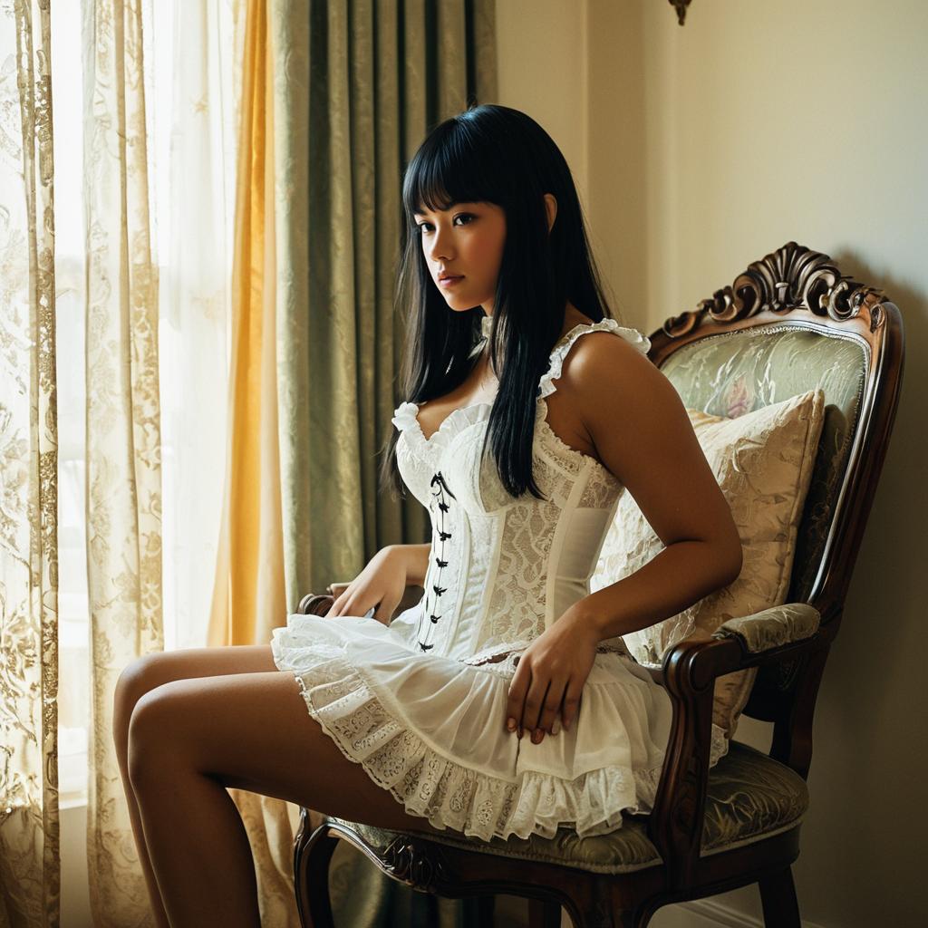 Elegant Young Woman in White Corset Dress on Vintage Chair