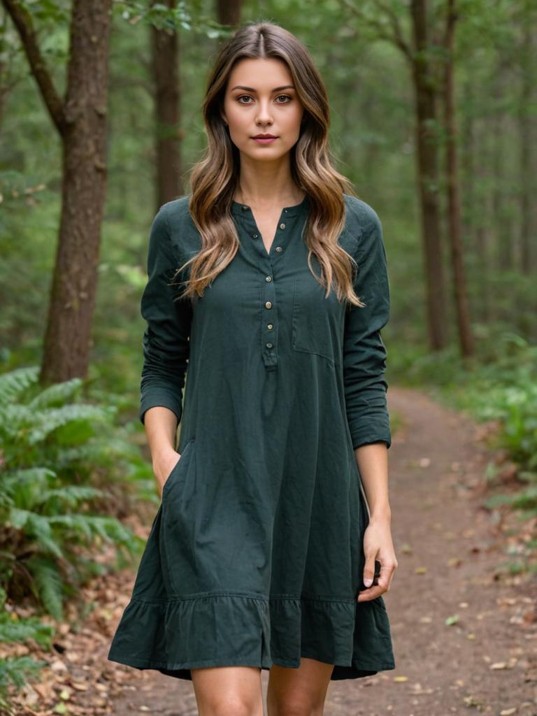 Woman in Dark Green Dress Walking on Forest Trail