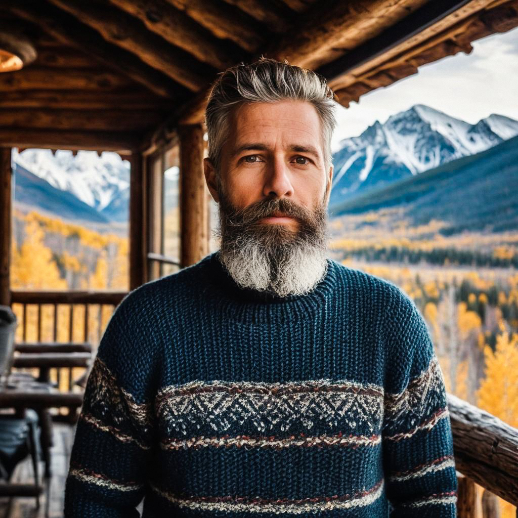 Bearded man on rustic porch with autumn mountains