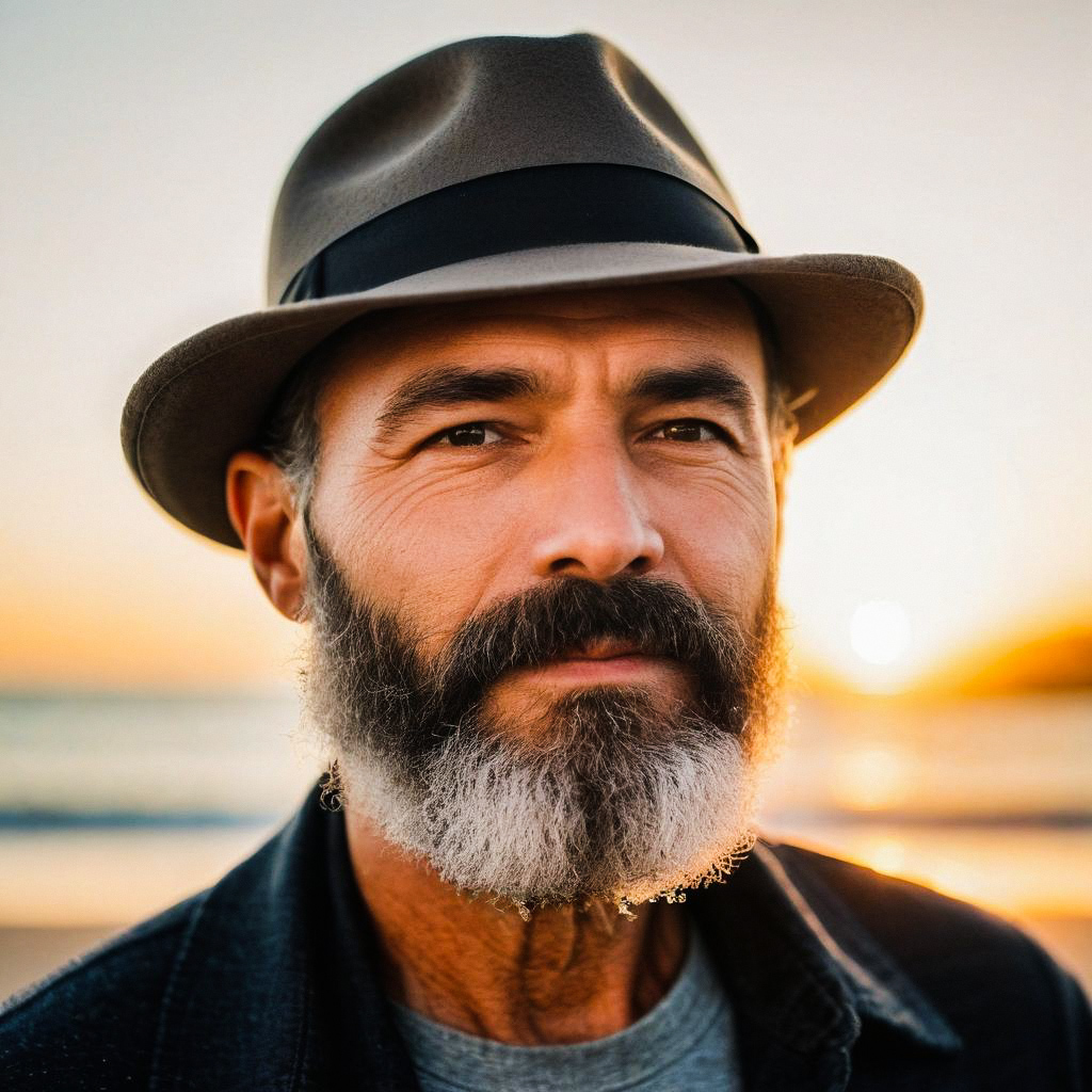 Rugged Man with Gray Beard at Sunset