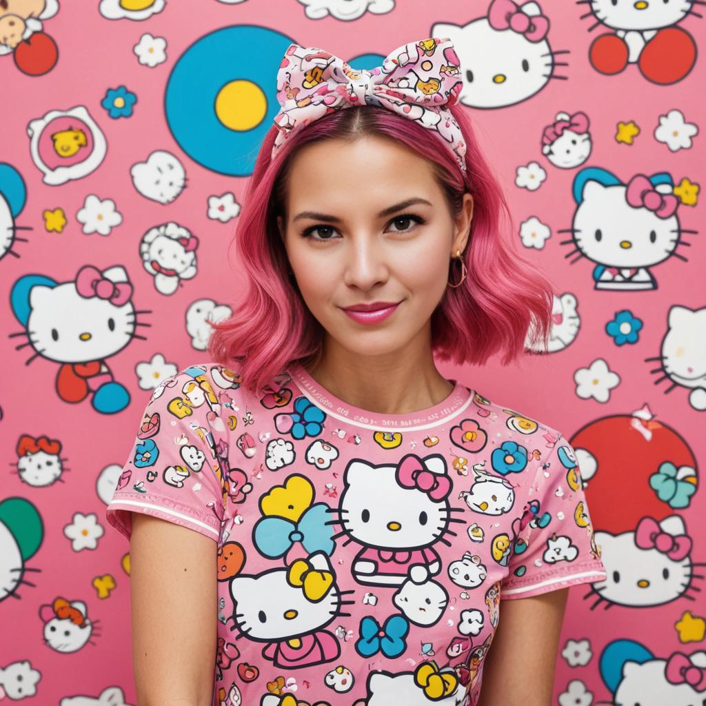 Stylish Woman with Pink Hair in Hello Kitty Outfit