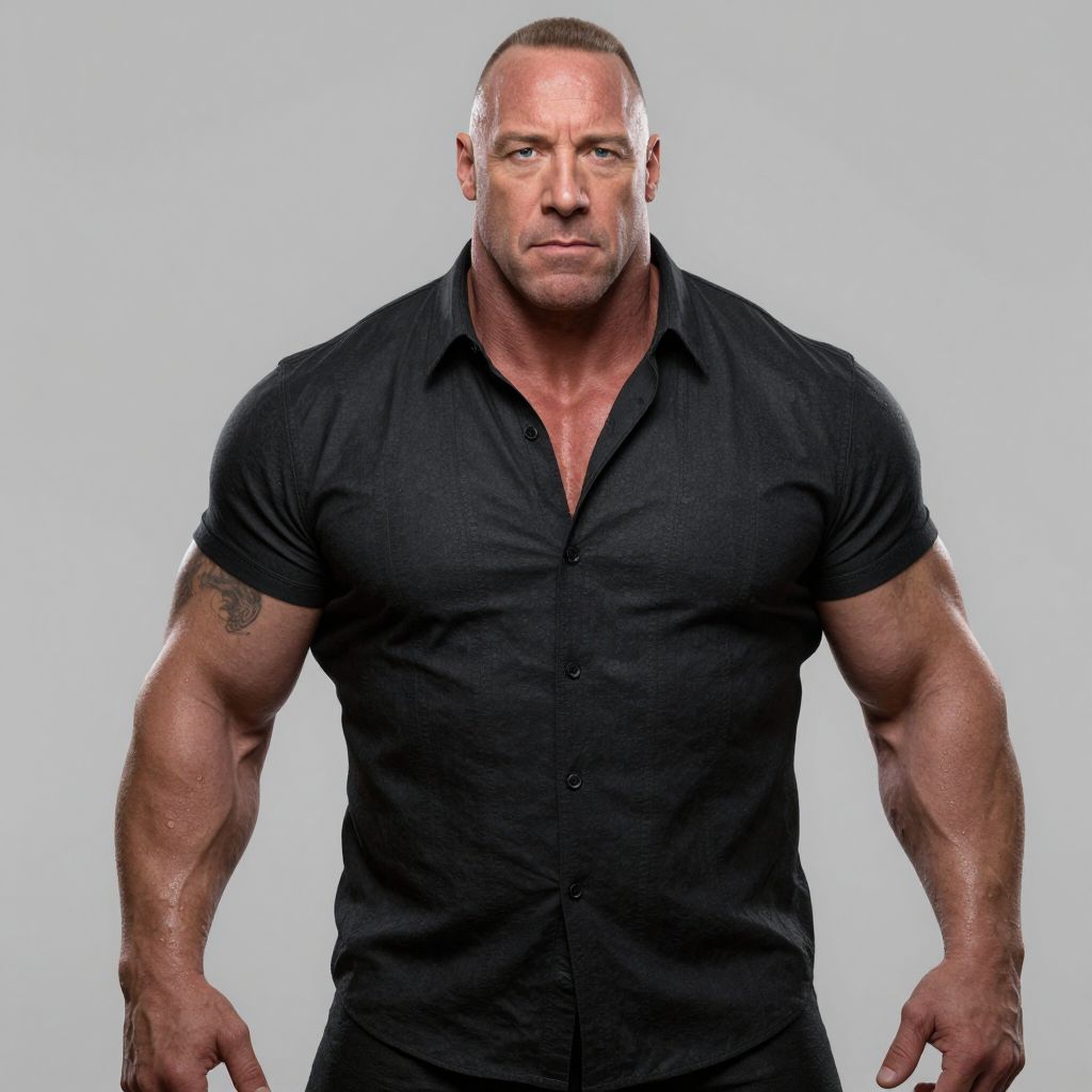Muscular Man in Black Shirt with Strong Posture on Gray Background