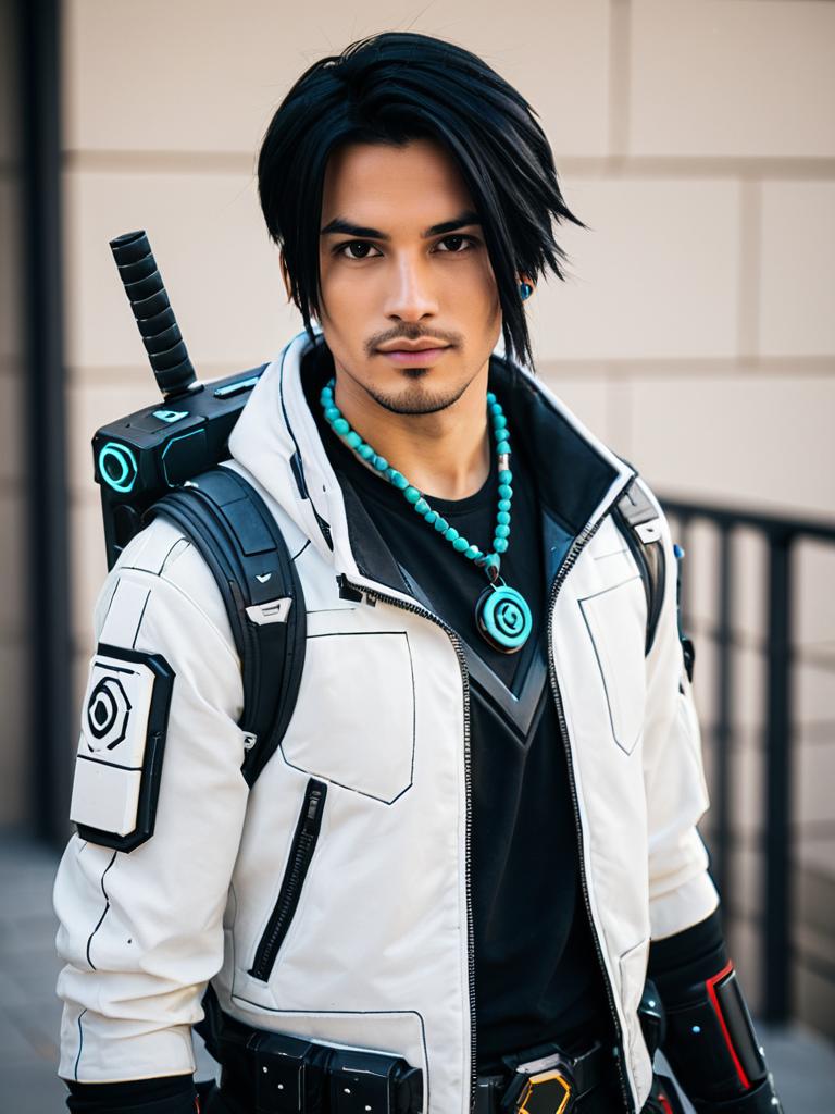 Cyberpunk Apex Legends Style Male Cosplayer with Crypto Accessories