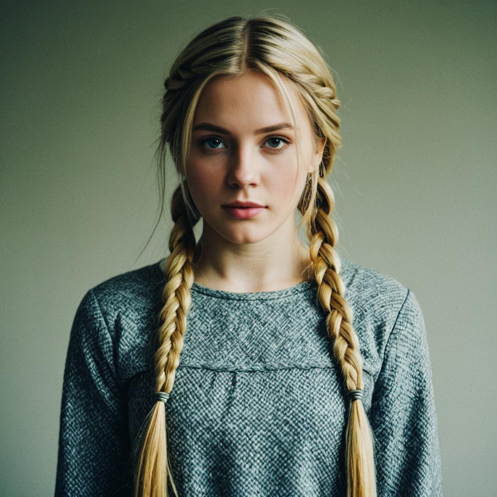 Young Woman with Braided Pigtails in Gray Sweater Young Woman with Braided Pigtails in Gray Sweater