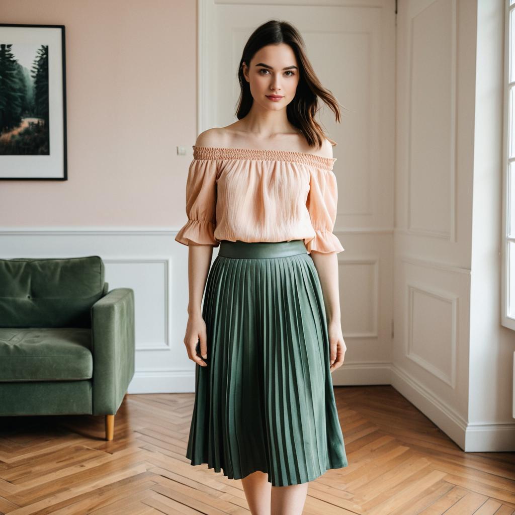 Elegant Woman Wearing Peach Off-Shoulder Top and Green Pleated Skirt Indoors