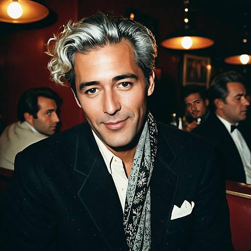 Stylish Man with Silver Hair in Vintage Bar Lounge Setting