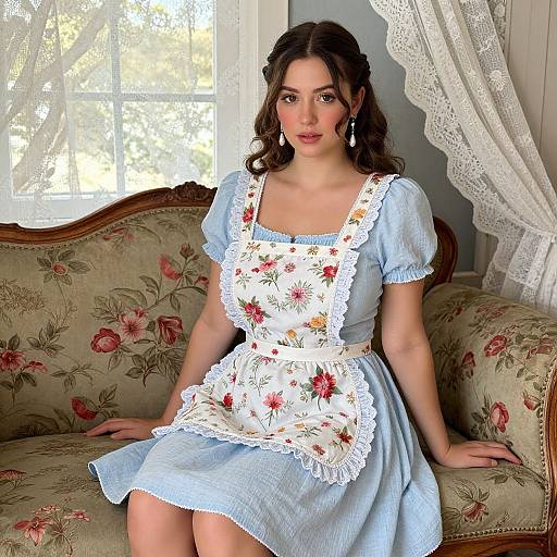 Young Woman in Floral Apron and Vintage Dress Sitting on Floral Sofa
