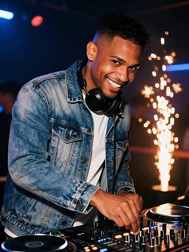 Young Man DJing at Lively Party with Sparkler Effects