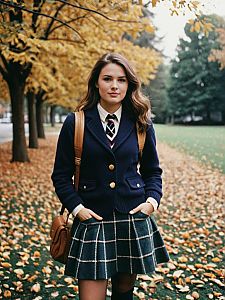 Woman in Preppy Fall Outfit on Leaf-Covered Path with Cinematic Realism