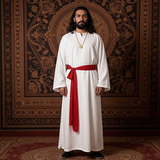Man in Traditional Middle Eastern White Robe with Red Sash and Ornate Background
