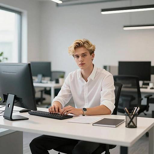 Gen Z Young Man Working at Modern Office Desk