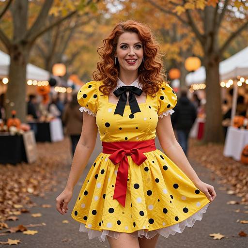 Woman in Yellow Polka Dot Dress at Autumn Outdoor Market