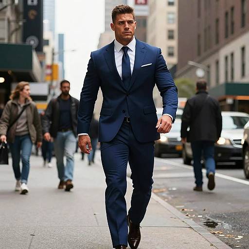 Confident Man in Navy Blue Suit Walking on City Street
