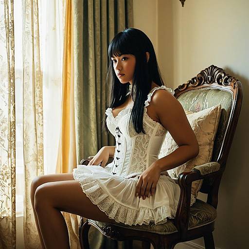 Elegant Young Woman in White Corset Dress on Vintage Chair