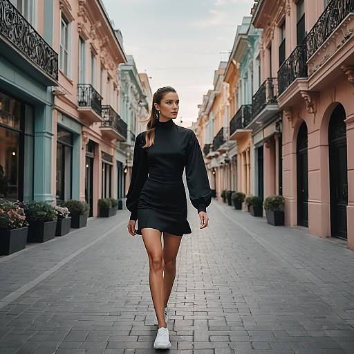 Stylish Woman Walking on Charming Pastel-Colored Urban Street in Black Dress