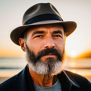Rugged Man with Gray Beard at Sunset