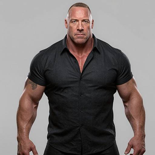 Muscular Man in Black Shirt with Strong Posture on Gray Background