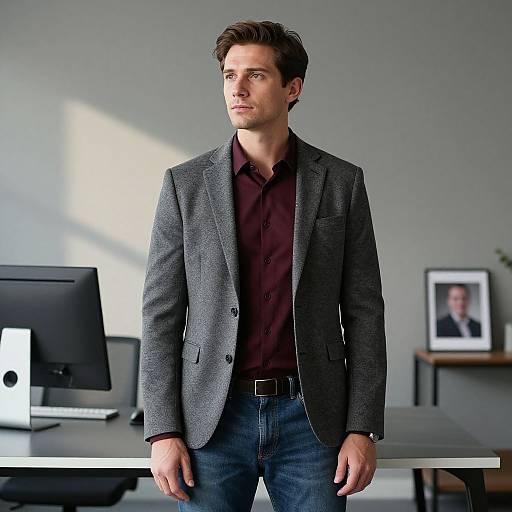 Confident Young Man Wearing Grey Blazer and Maroon Shirt in Modern Office
