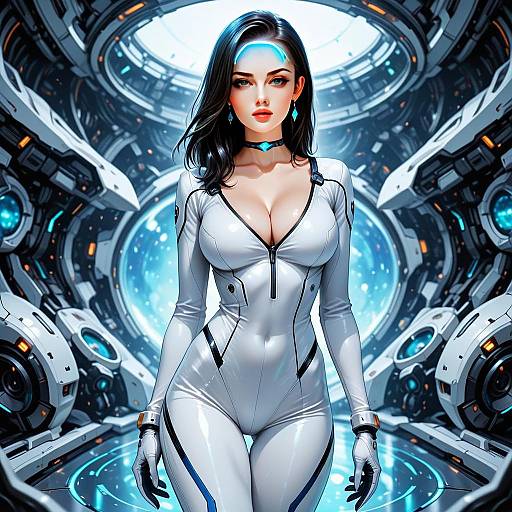 Futuristic Woman in Sleek Sci-Fi Bodysuit in High-Tech Environment
