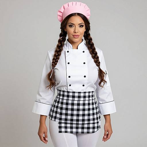 Woman Chef Wearing White Coat and Pink Hat with Checkered Apron