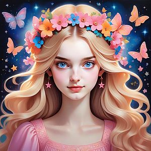 Portrait of a Young Woman with Floral Crown and Butterflies