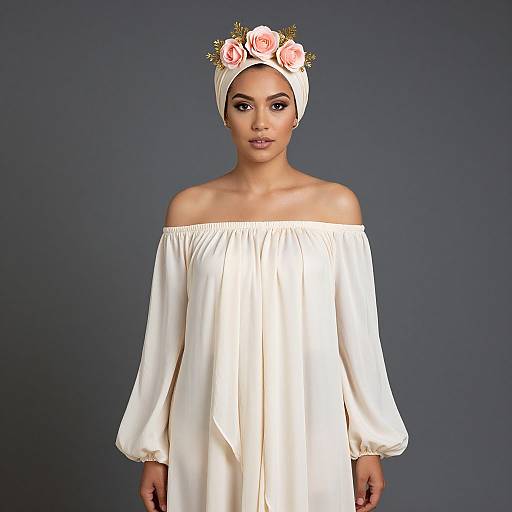 Elegant Woman in Cream Off-Shoulder Dress with Floral Turban