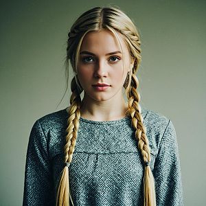 Young Woman with Braided Pigtails in Gray Sweater