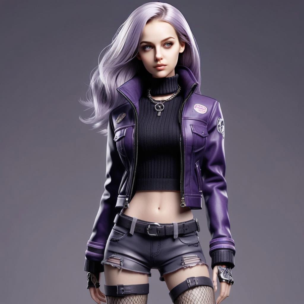 Confident young woman with lavender hair in cyberpunk fashion
