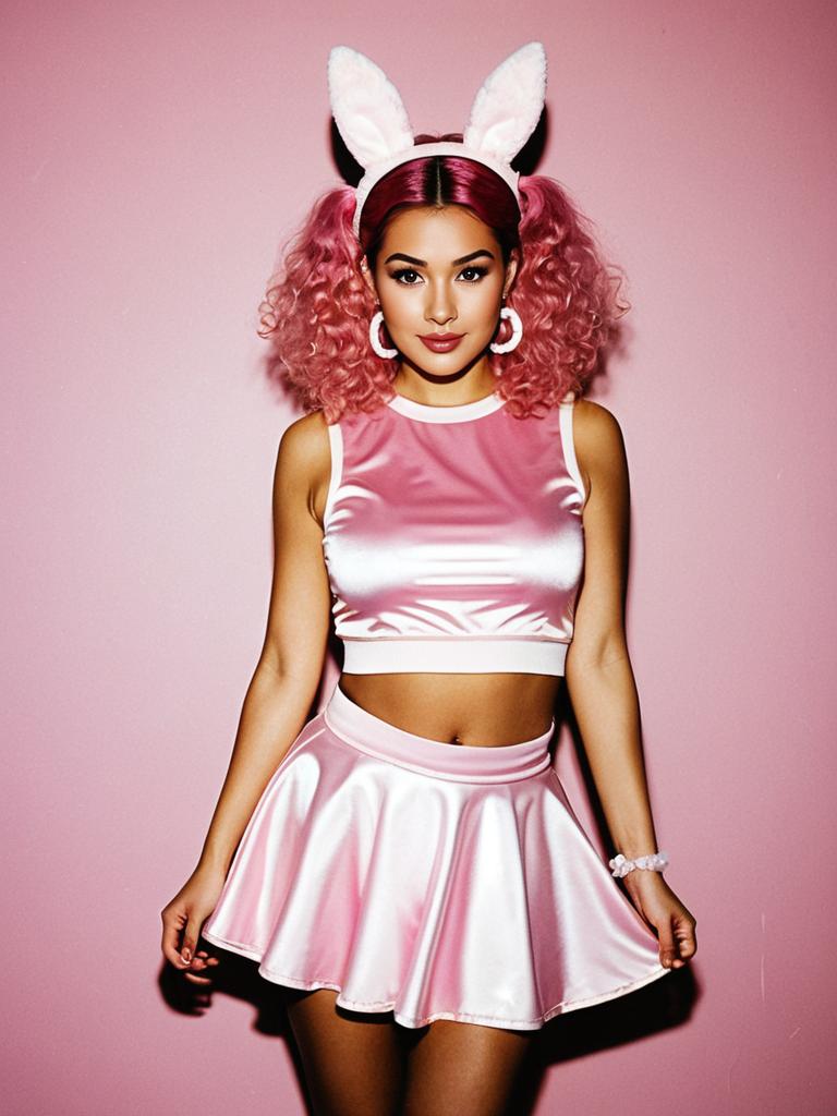 Woman in Playful Kawaii Pink Crop Top and Skirt with Bunny Ears