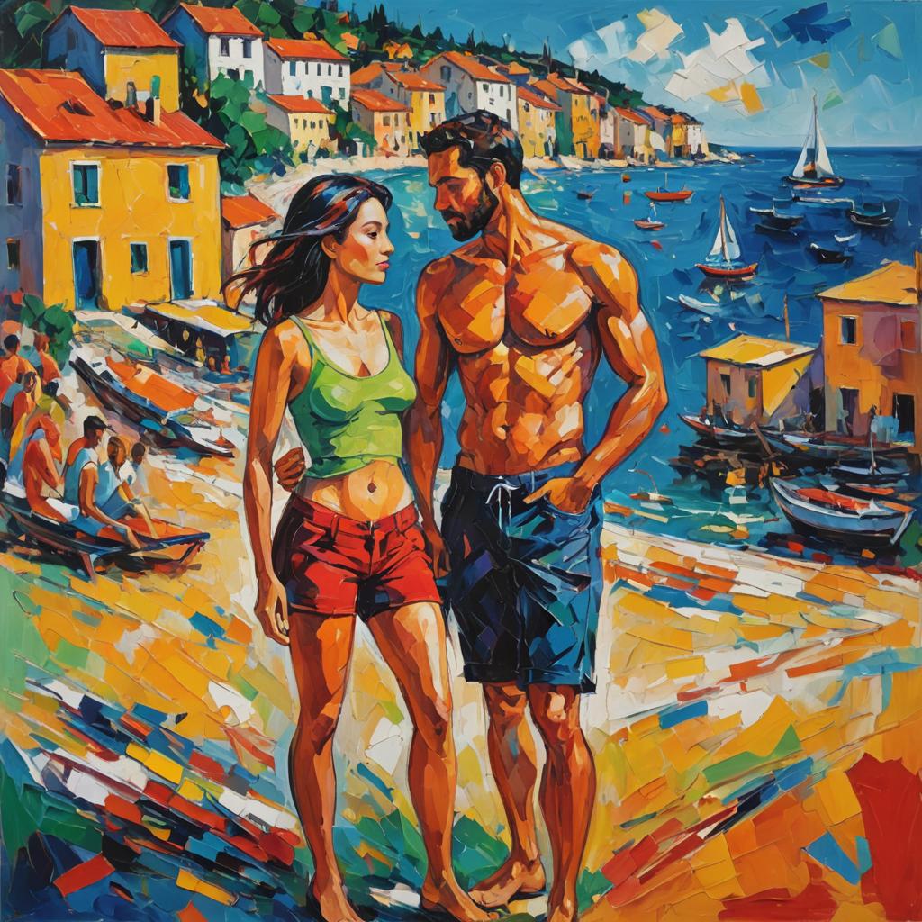 Expressionist Painting: Couple by Coastal Town