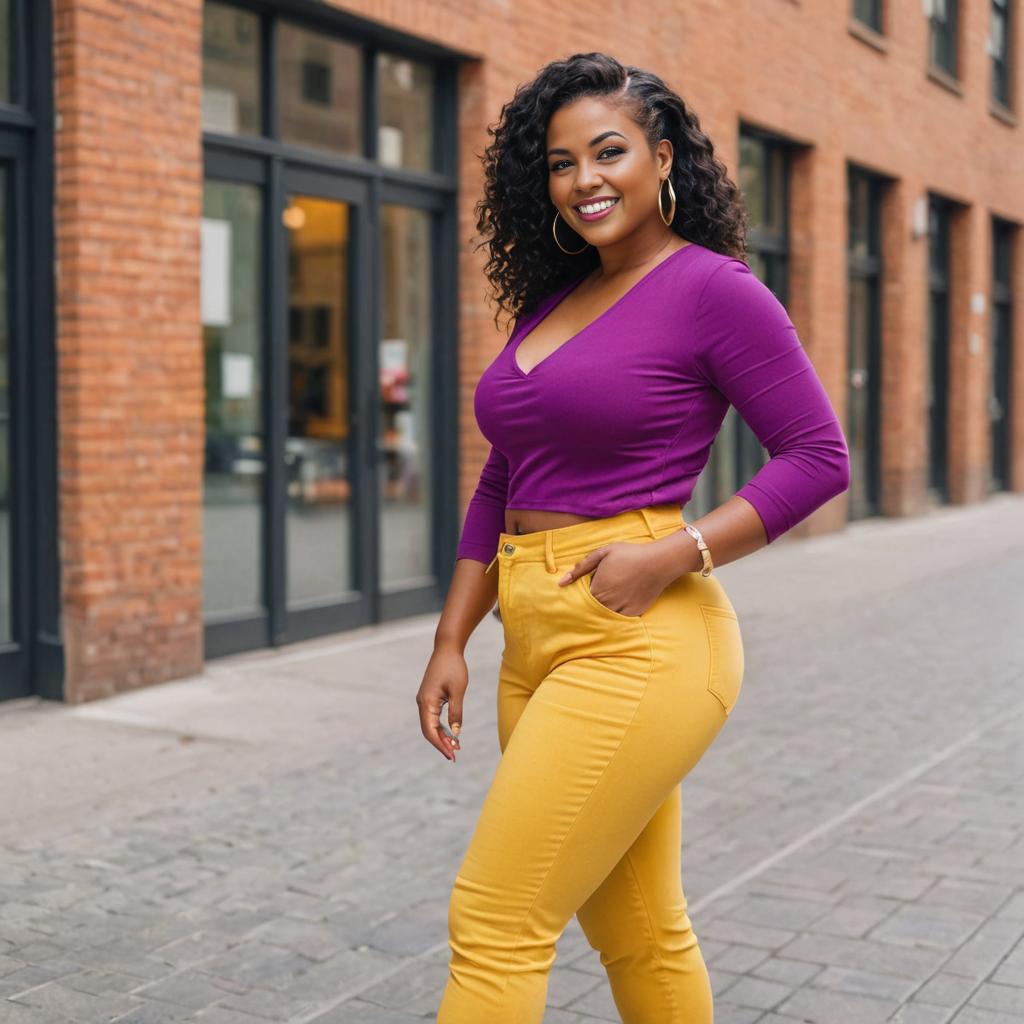 Confident Woman in Purple Top and Yellow Pants