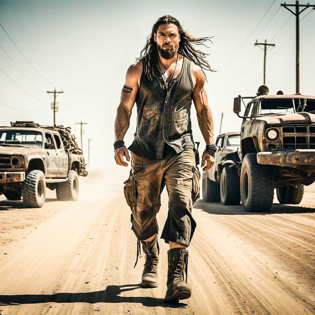 Muscular Man on Dusty Road with Vintage Trucks Muscular Man on Dusty Road with Vintage Trucks